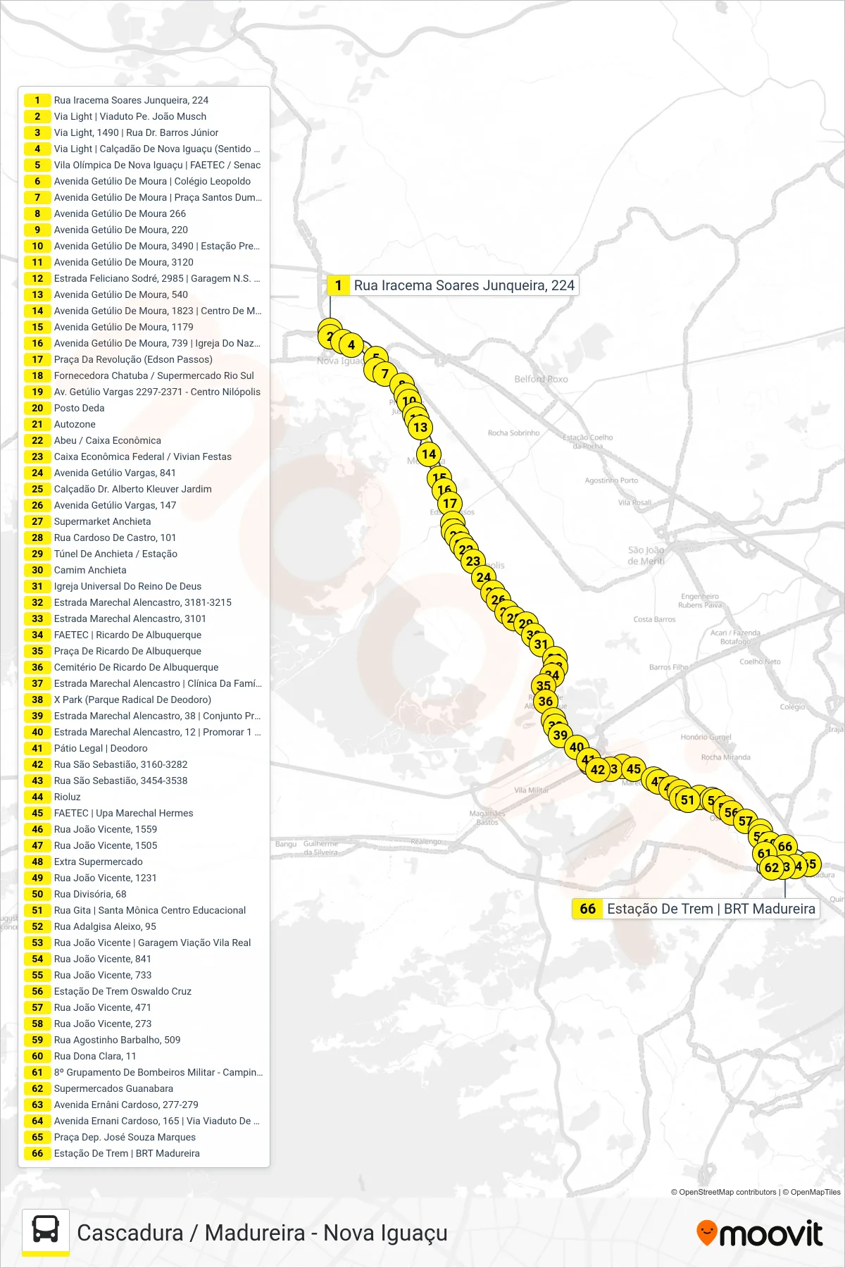 Rota e paradas da linha de ônibus VAN M516 (Cascadura / Madureira) no mapa