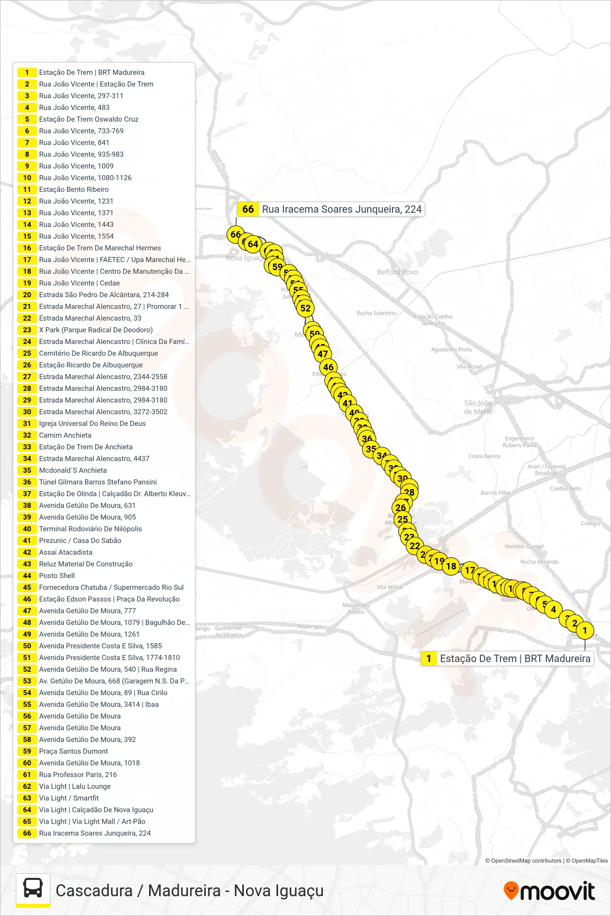 Rota e paradas da linha de ônibus VAN M516 (Nova Iguaçu) no mapa