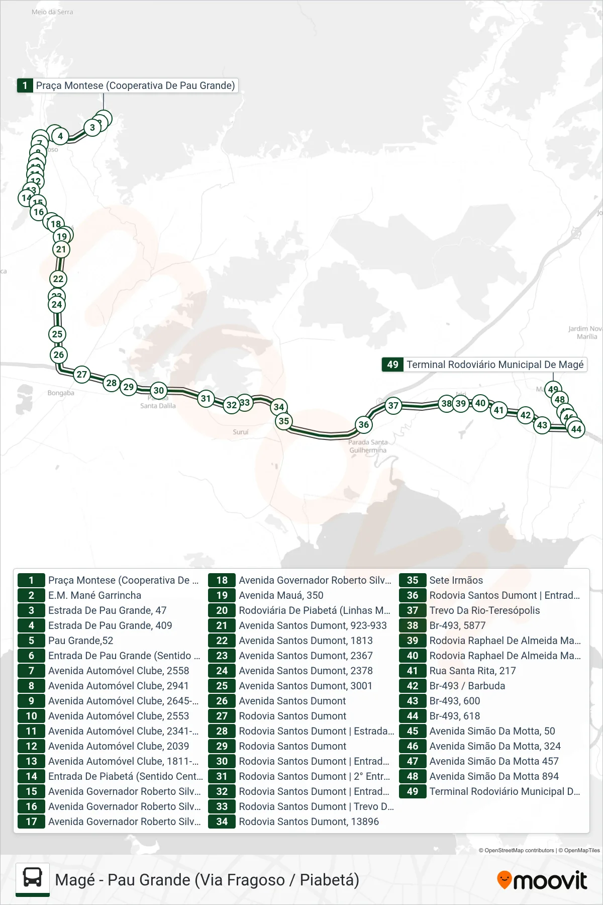 Rota e paradas da linha de ônibus 1003 (Magé) no mapa