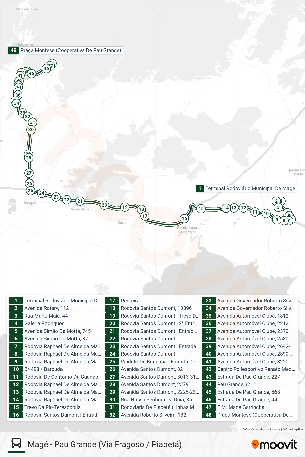 Rota e paradas da linha de ônibus 1003 (Pau Grande) no mapa