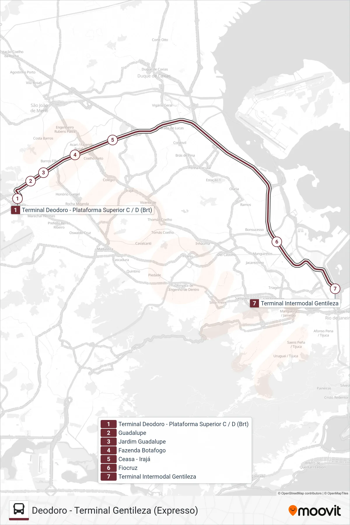 Rota e paradas da linha de ônibus 61 (Terminal Gentileza) no mapa