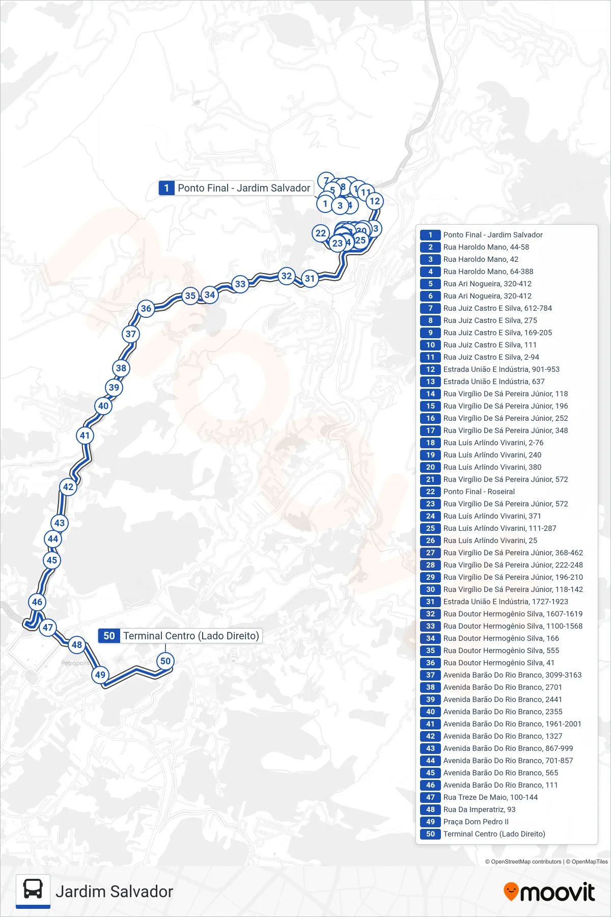 Rota e paradas da linha de ônibus 630 (Centro (Via Roseiral)) no mapa
