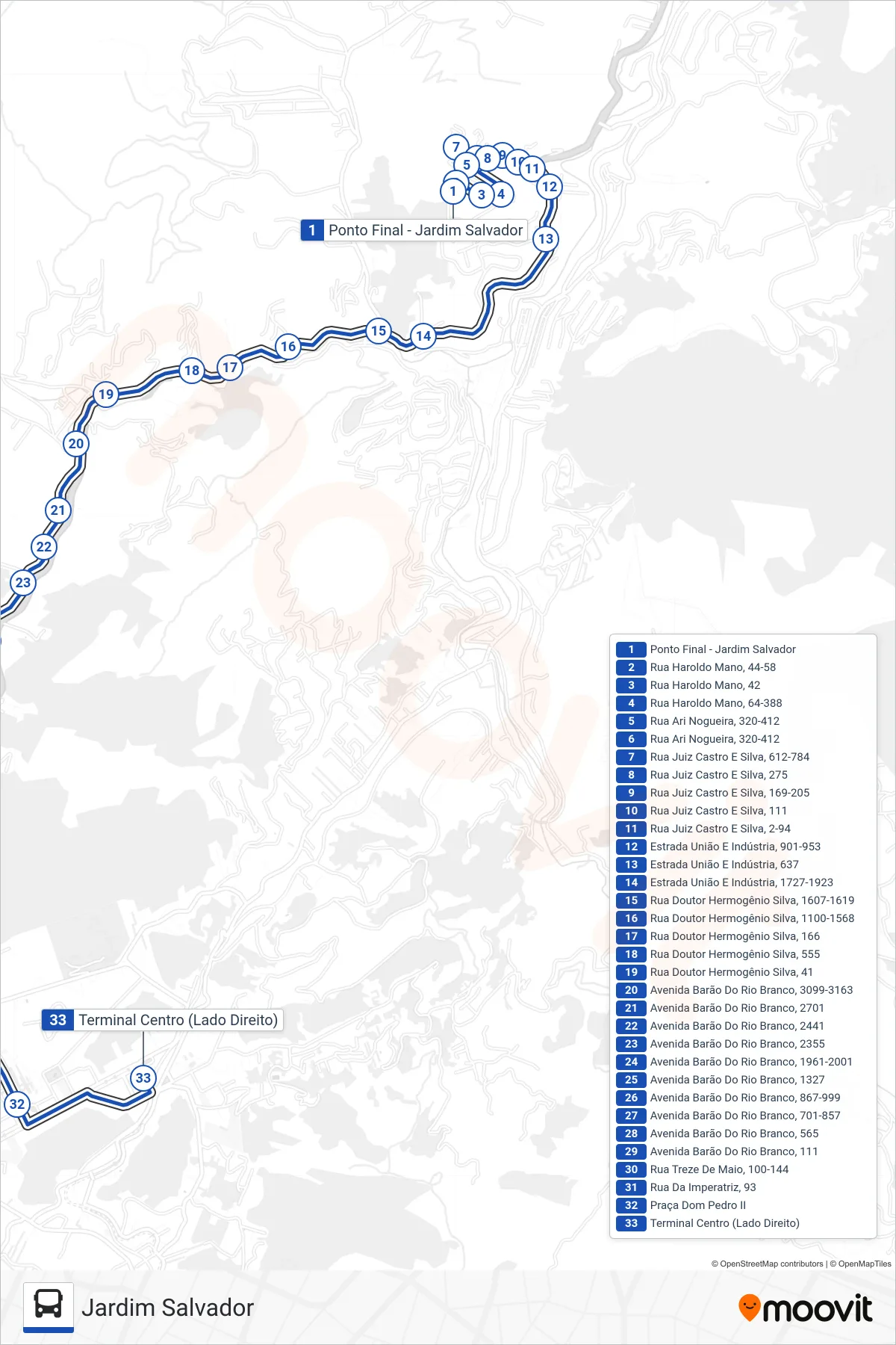 Rota e paradas da linha de ônibus 630 (Centro) no mapa