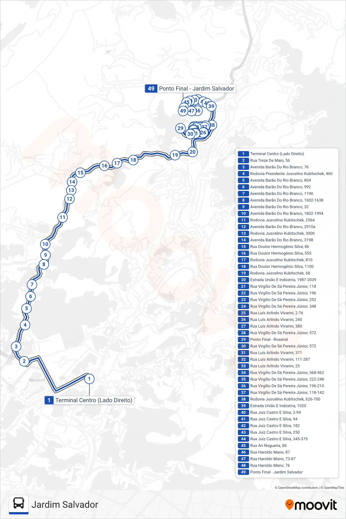 Rota e paradas da linha de ônibus 630 (Jardim Salvador (Via Roseiral)) no mapa