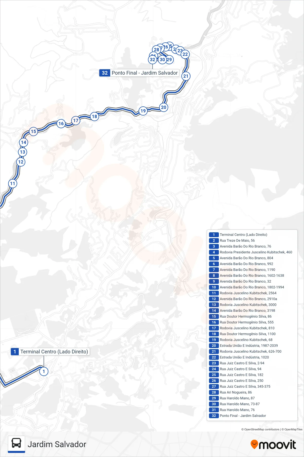 Rota e paradas da linha de ônibus 630 (Jardim Salvador) no mapa