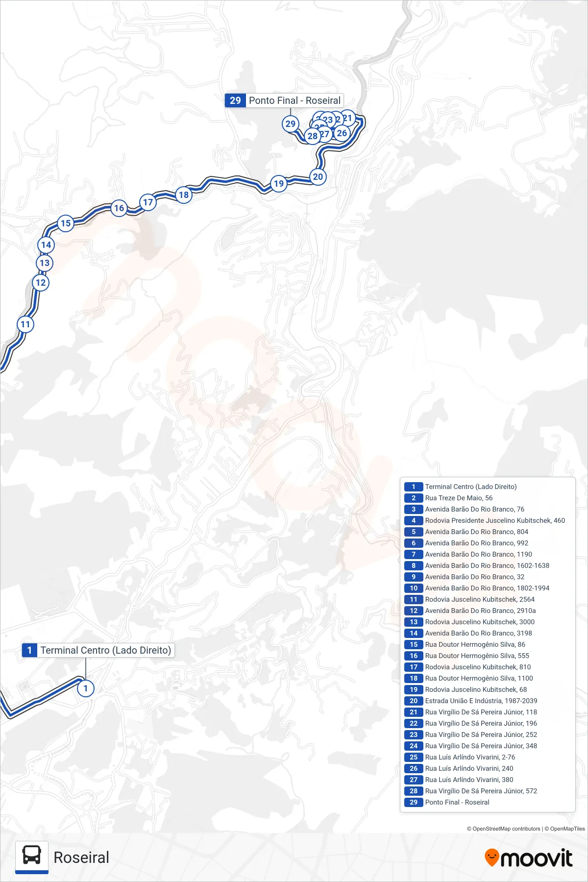 631 bus Line (Roseiral) route and stops on a map