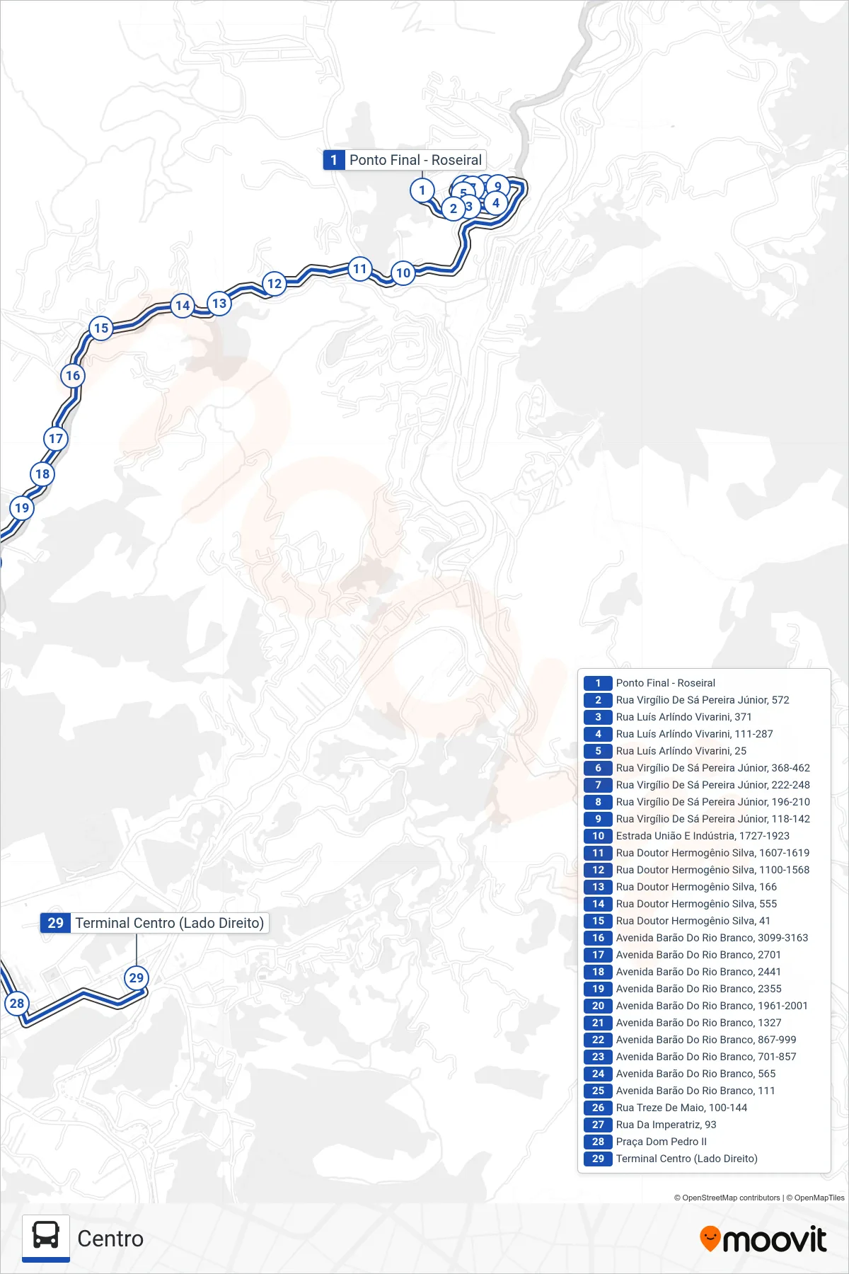 Rota e paradas da linha de ônibus 631 (Centro) no mapa