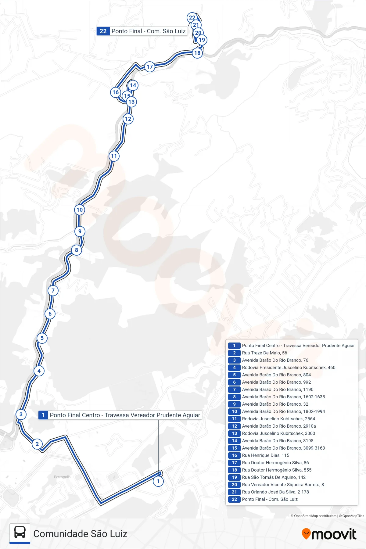 Rota e paradas da linha de ônibus 632 (Com. São Luiz) no mapa