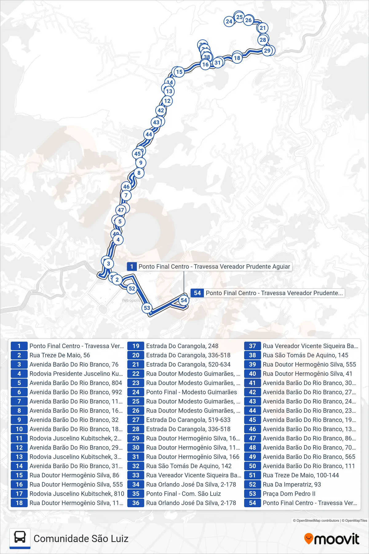 Rota e paradas da linha de ônibus 632 (Centro ↔ Com. São Luiz (Via Modesto Guimarães)) no mapa