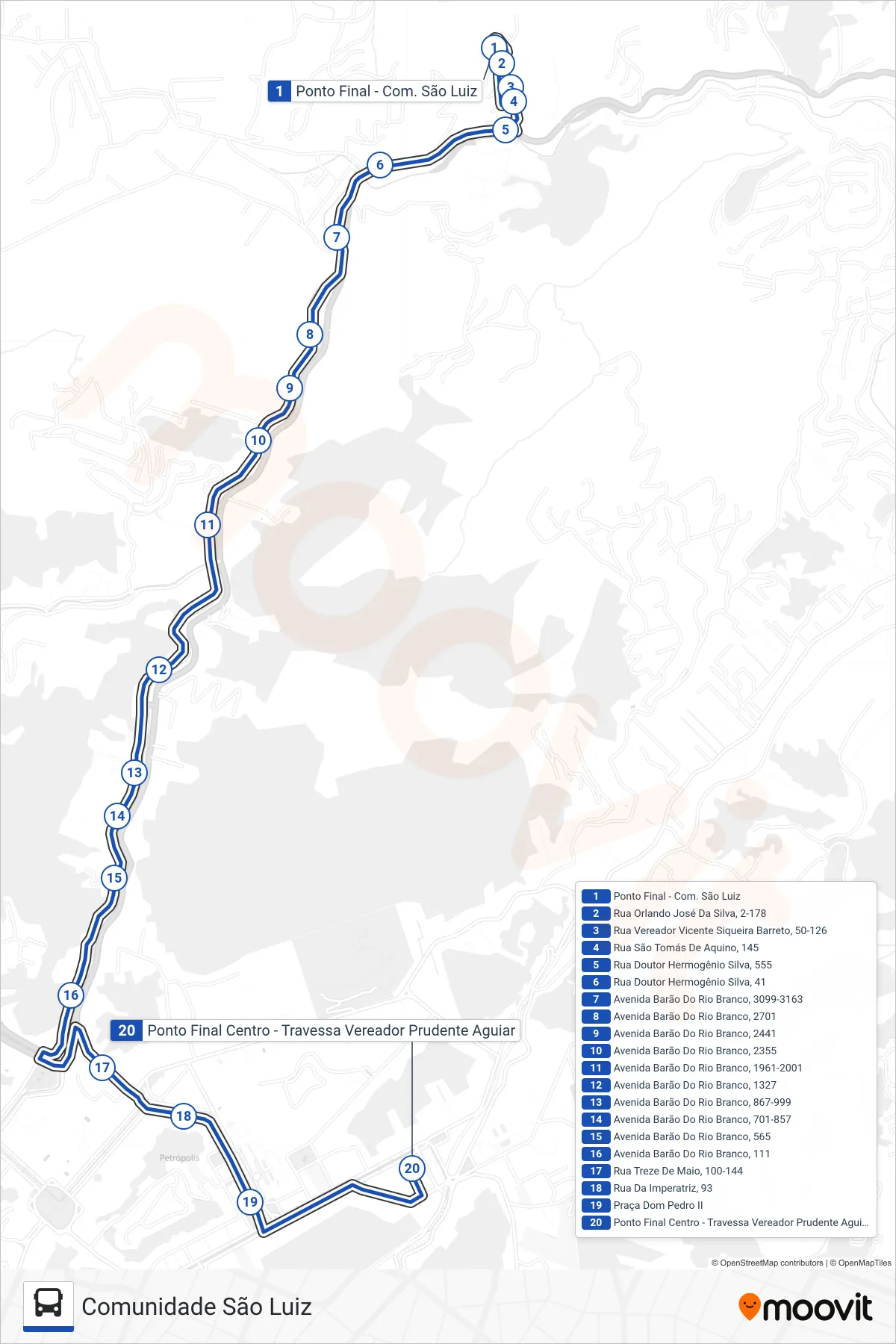 Rota e paradas da linha de ônibus 632 (Centro) no mapa