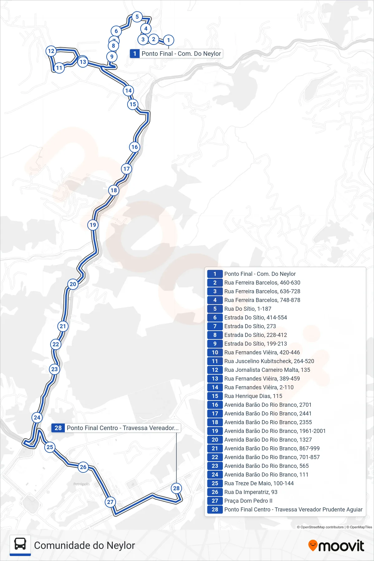 Rota e paradas da linha de ônibus 633 (Centro) no mapa