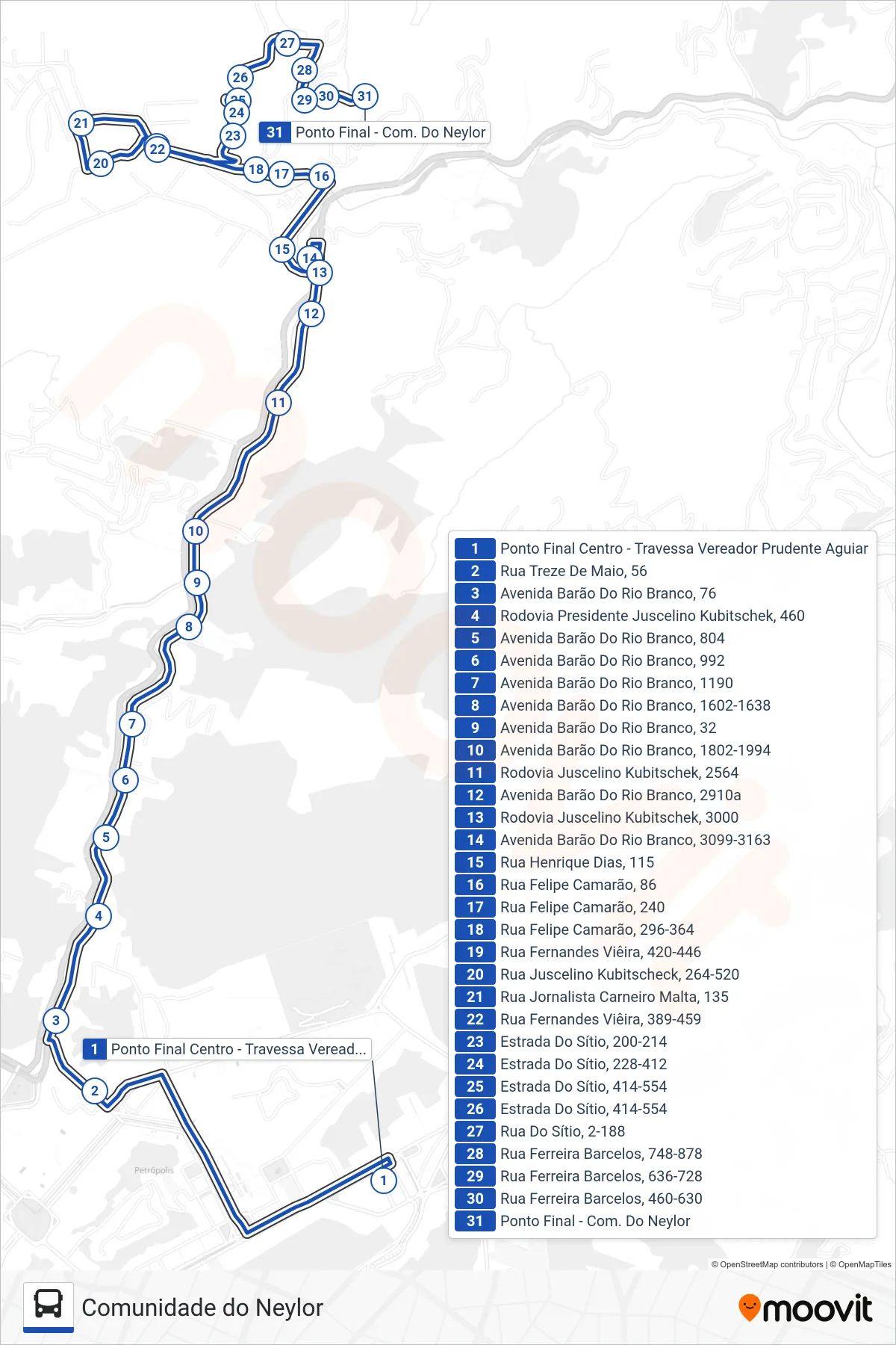 Rota e paradas da linha de ônibus 633 (Com. Do Neylor) no mapa