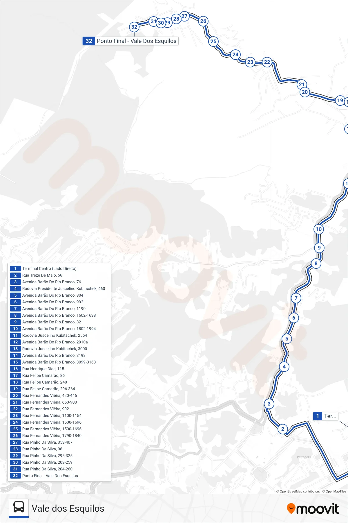 Rota e paradas da linha de ônibus 634 (Vale Dos Esquilos) no mapa