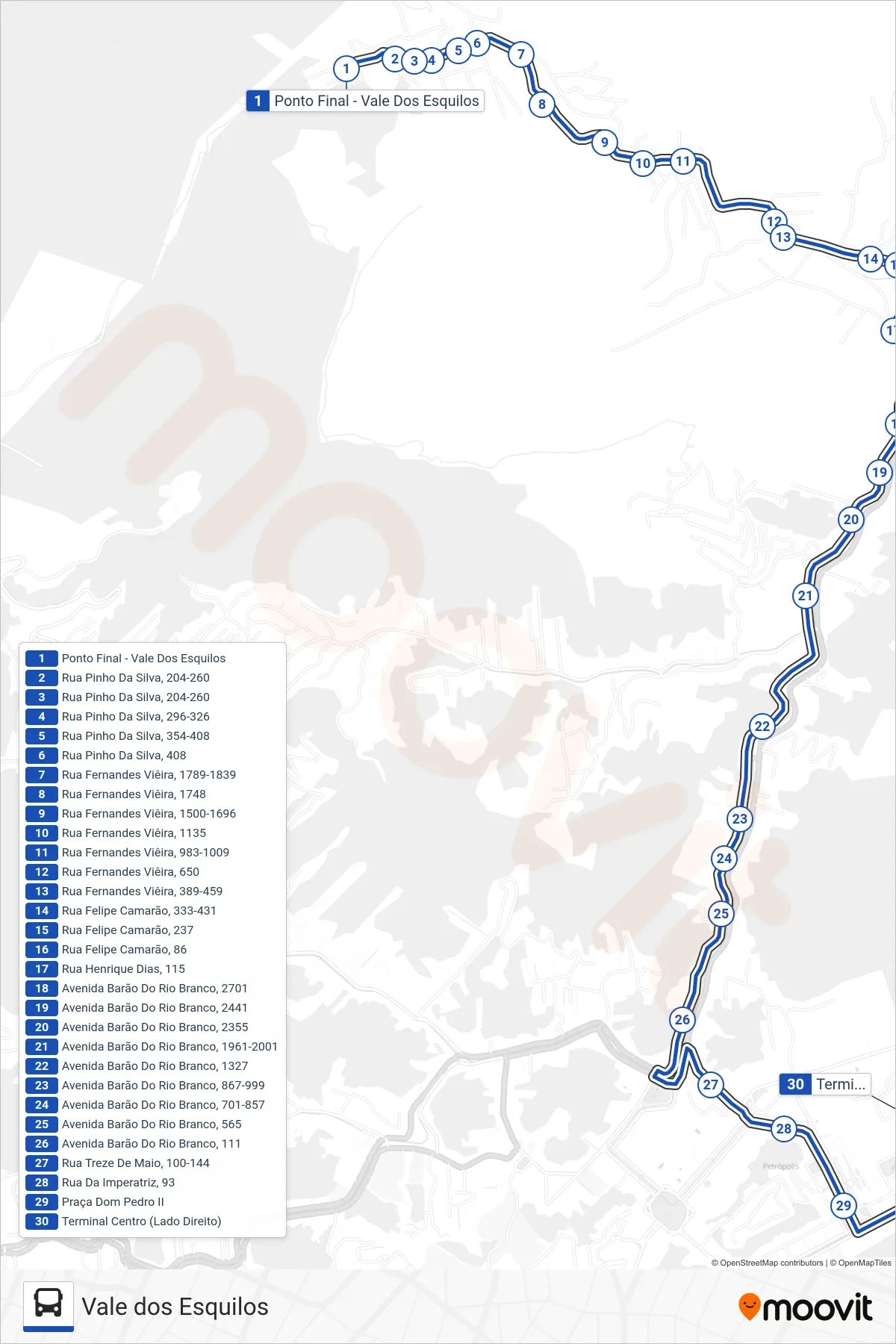 Rota e paradas da linha de ônibus 634 (Centro) no mapa