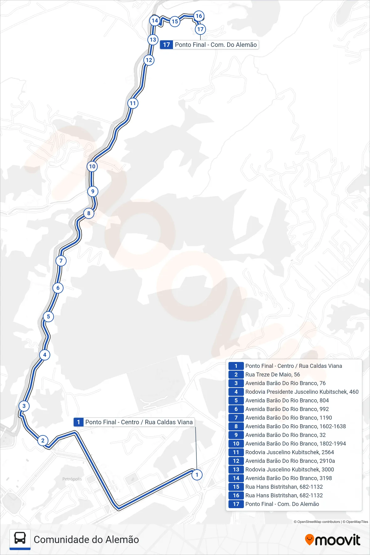Rota e paradas da linha de ônibus 635 (Comunidade Do Alemão) no mapa