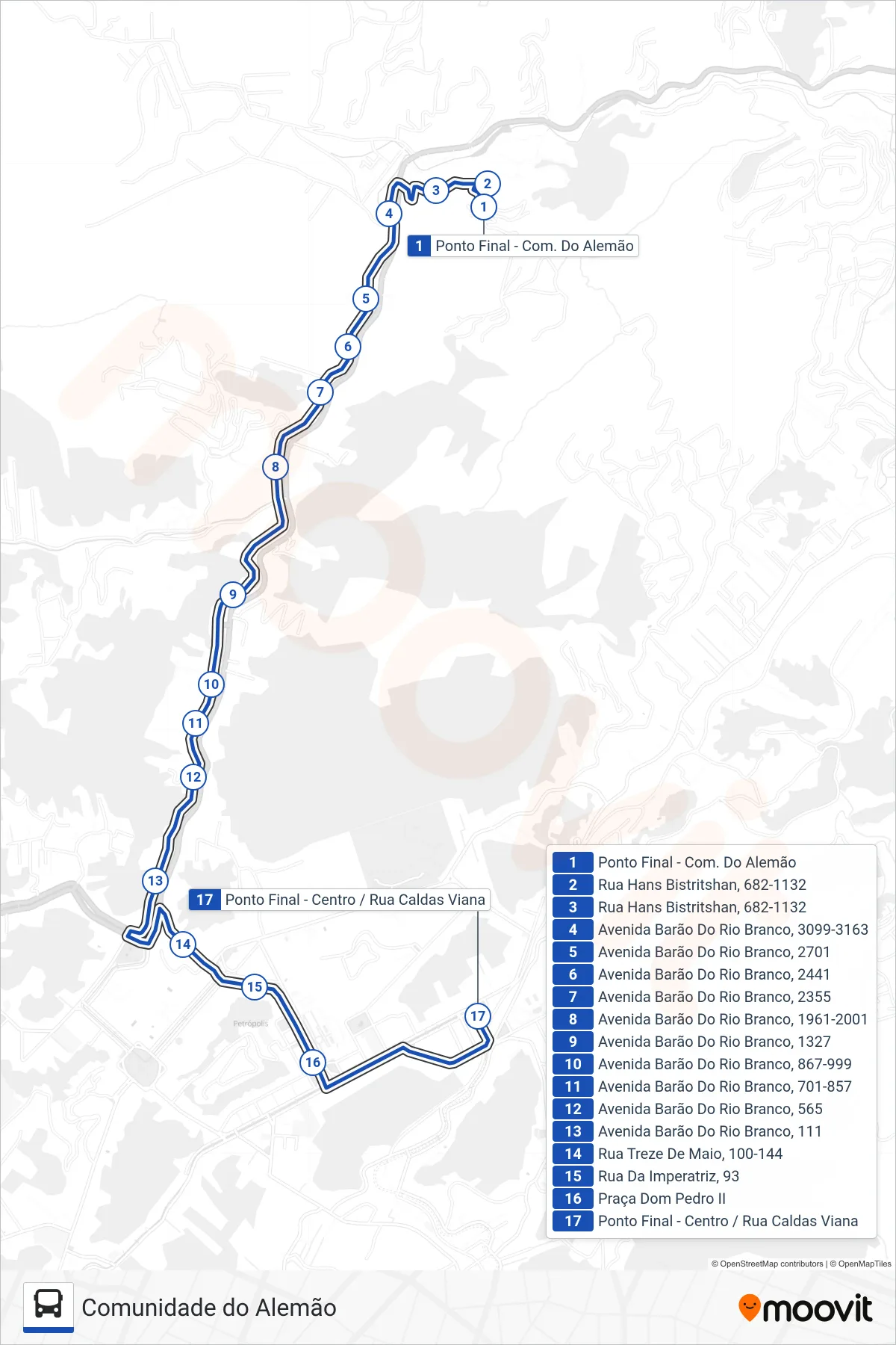 Rota e paradas da linha de ônibus 635 (Centro) no mapa