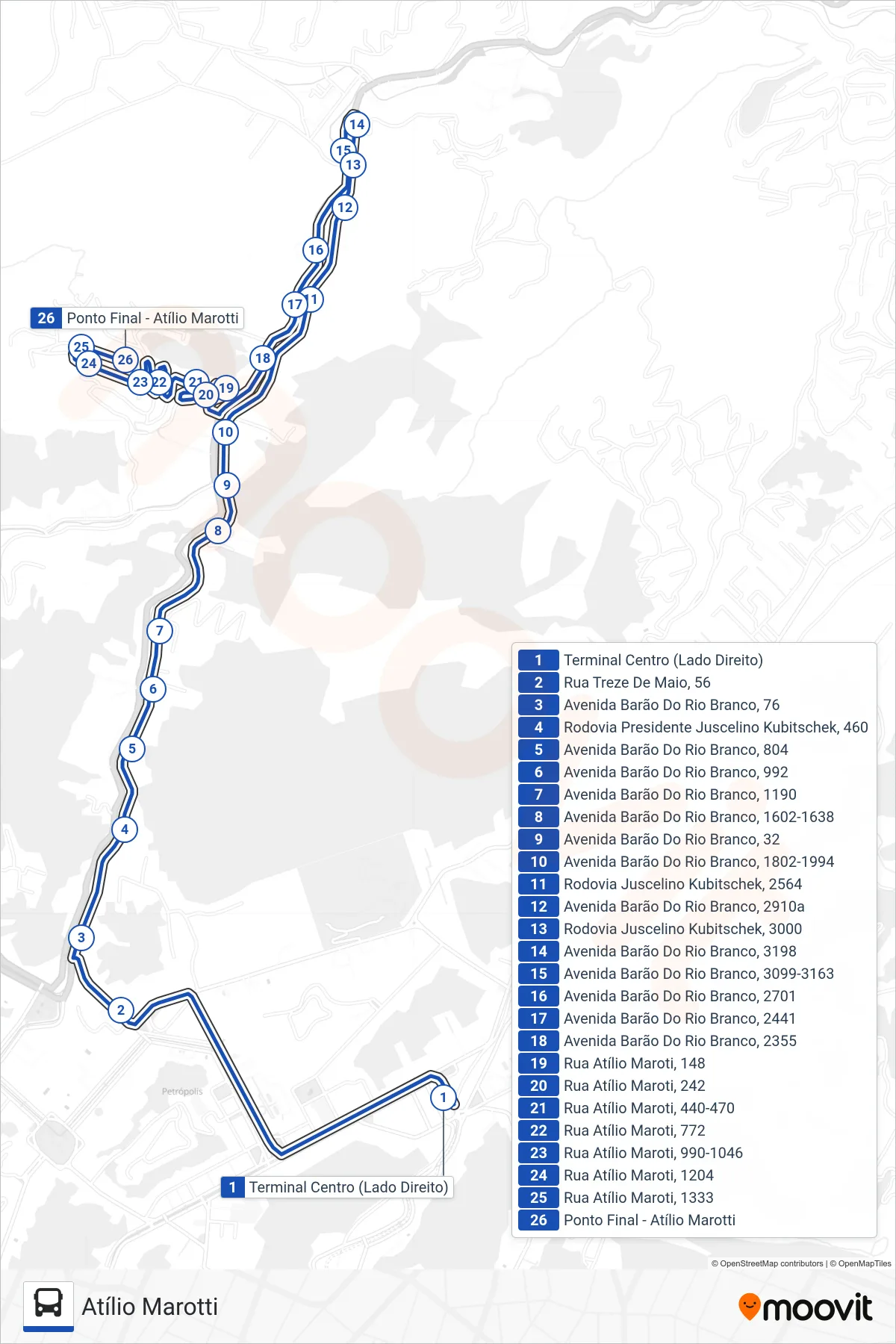 Rota e paradas da linha de ônibus 637 (Atílio Marotti) no mapa