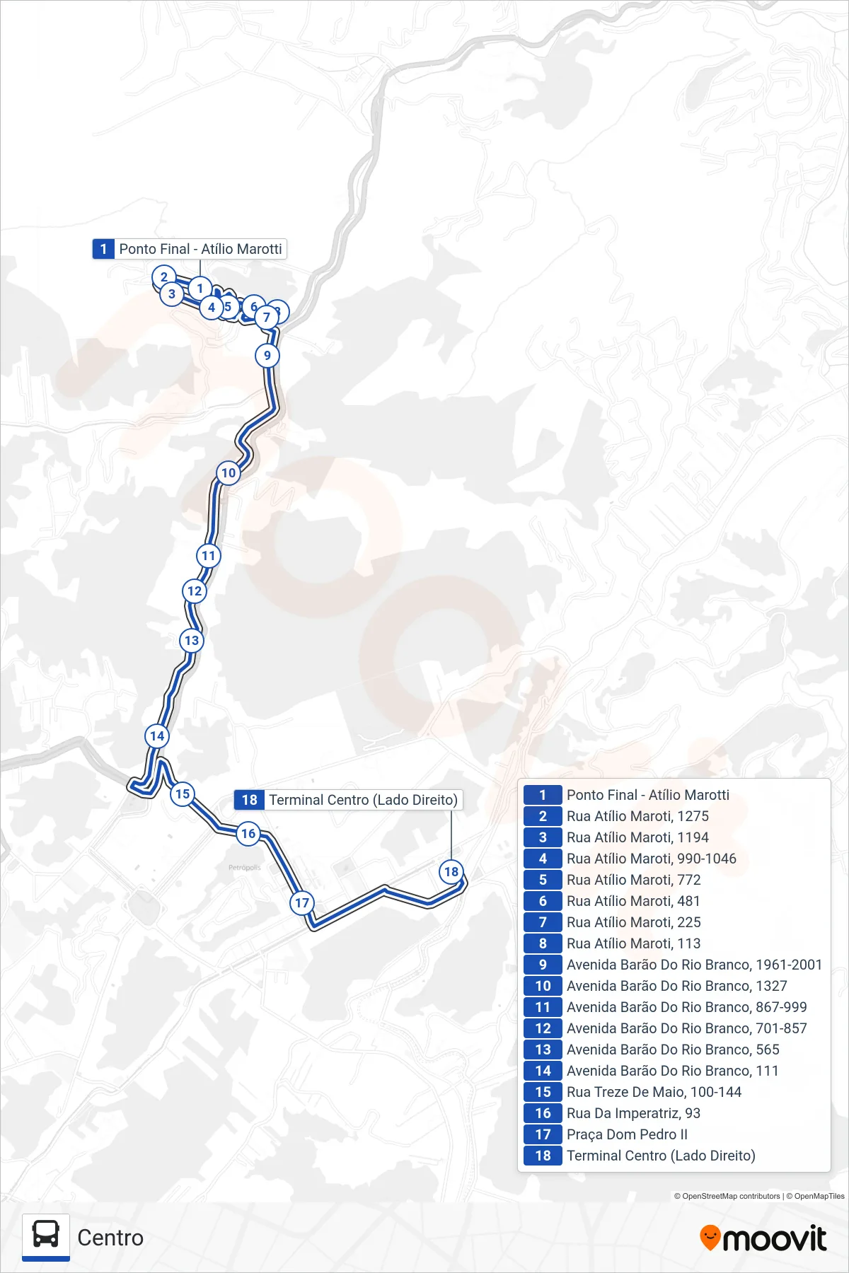 Rota e paradas da linha de ônibus 637 (Centro) no mapa