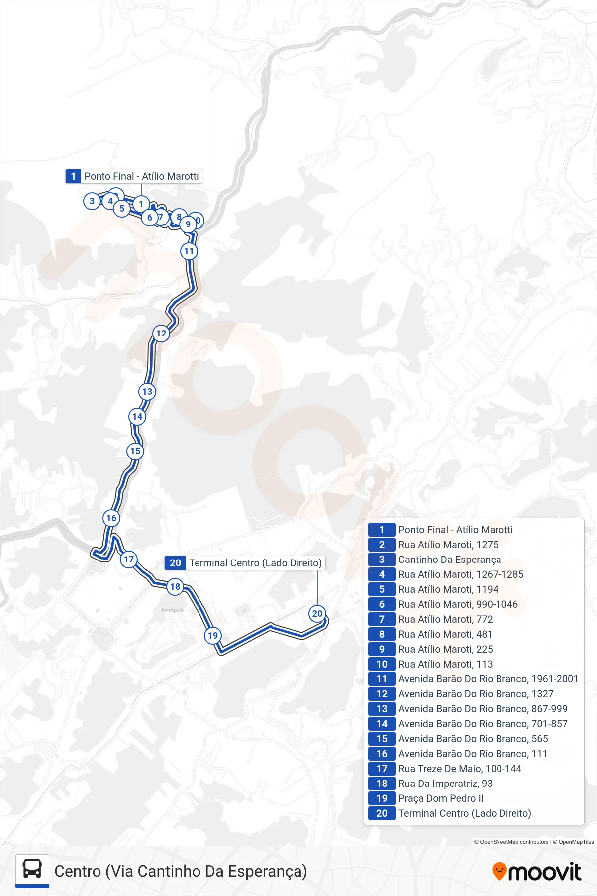 Rota e paradas da linha de ônibus 637 (Centro (Via Cantinho Da Esperança)) no mapa
