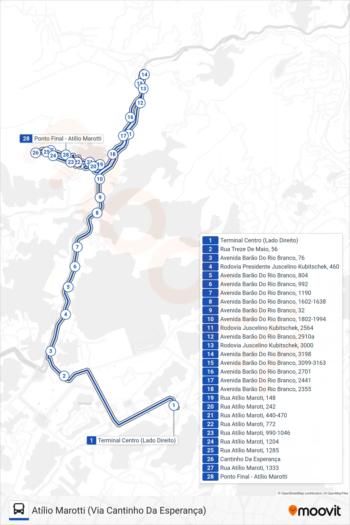Rota e paradas da linha de ônibus 637 (Atílio Marotti (Via Cantinho Da Esperança)) no mapa