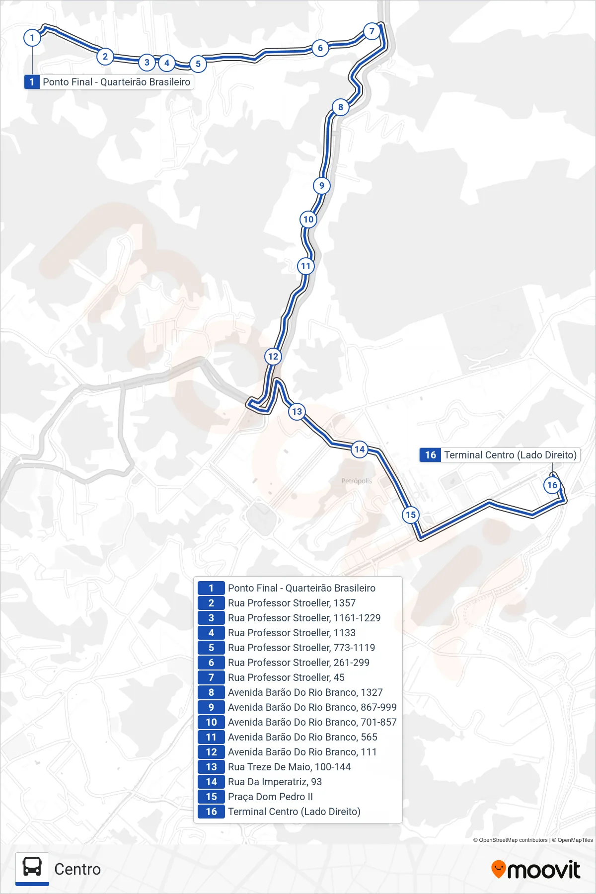 638 bus Line (Centro) route and stops on a map