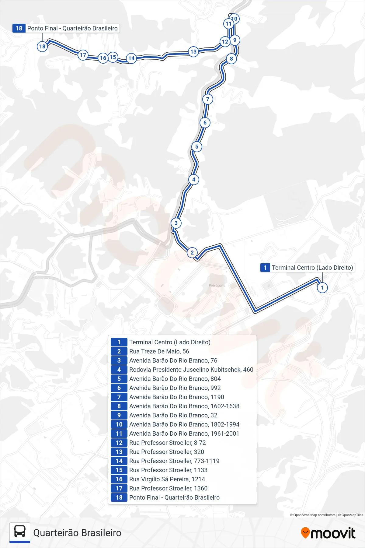 Rota e paradas da linha de ônibus 638 (Quarteirão Brasileiro) no mapa