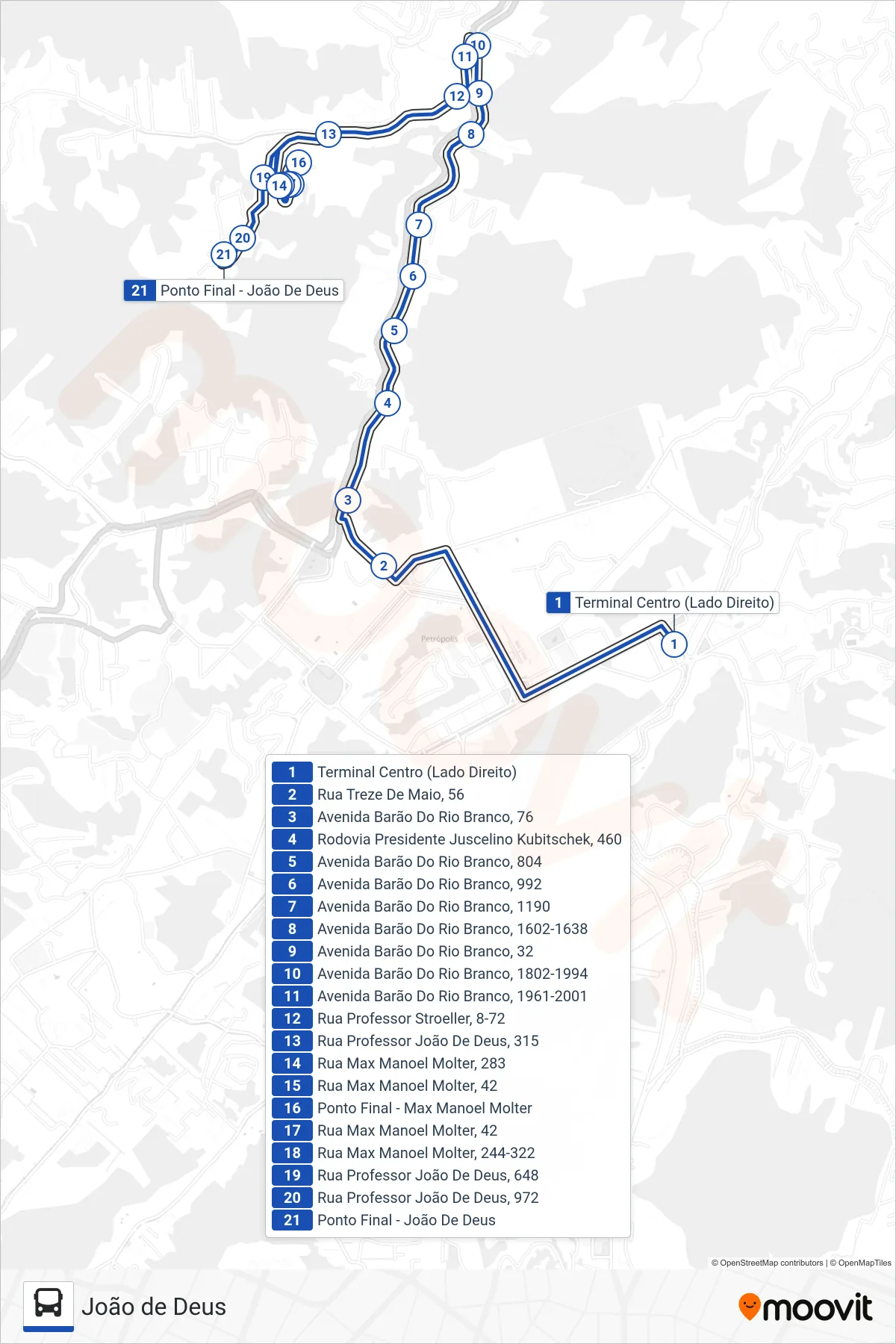 Rota e paradas da linha de ônibus 641 (João De Deus (Via Max Manoel Molter)) no mapa