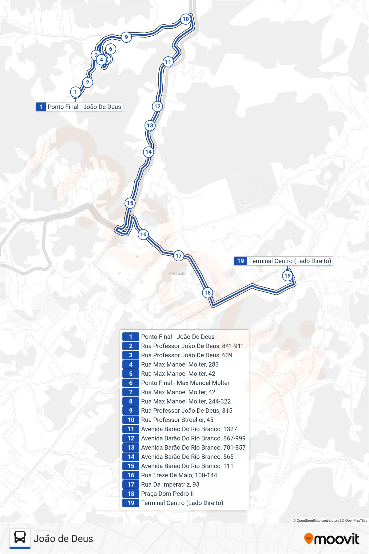 Rota e paradas da linha de ônibus 641 (Centro (Via Max Manoel Molter)) no mapa
