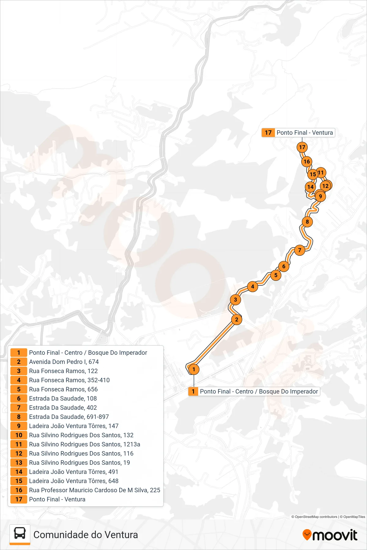 Rota e paradas da linha de ônibus 327 (Com. Do Ventura) no mapa