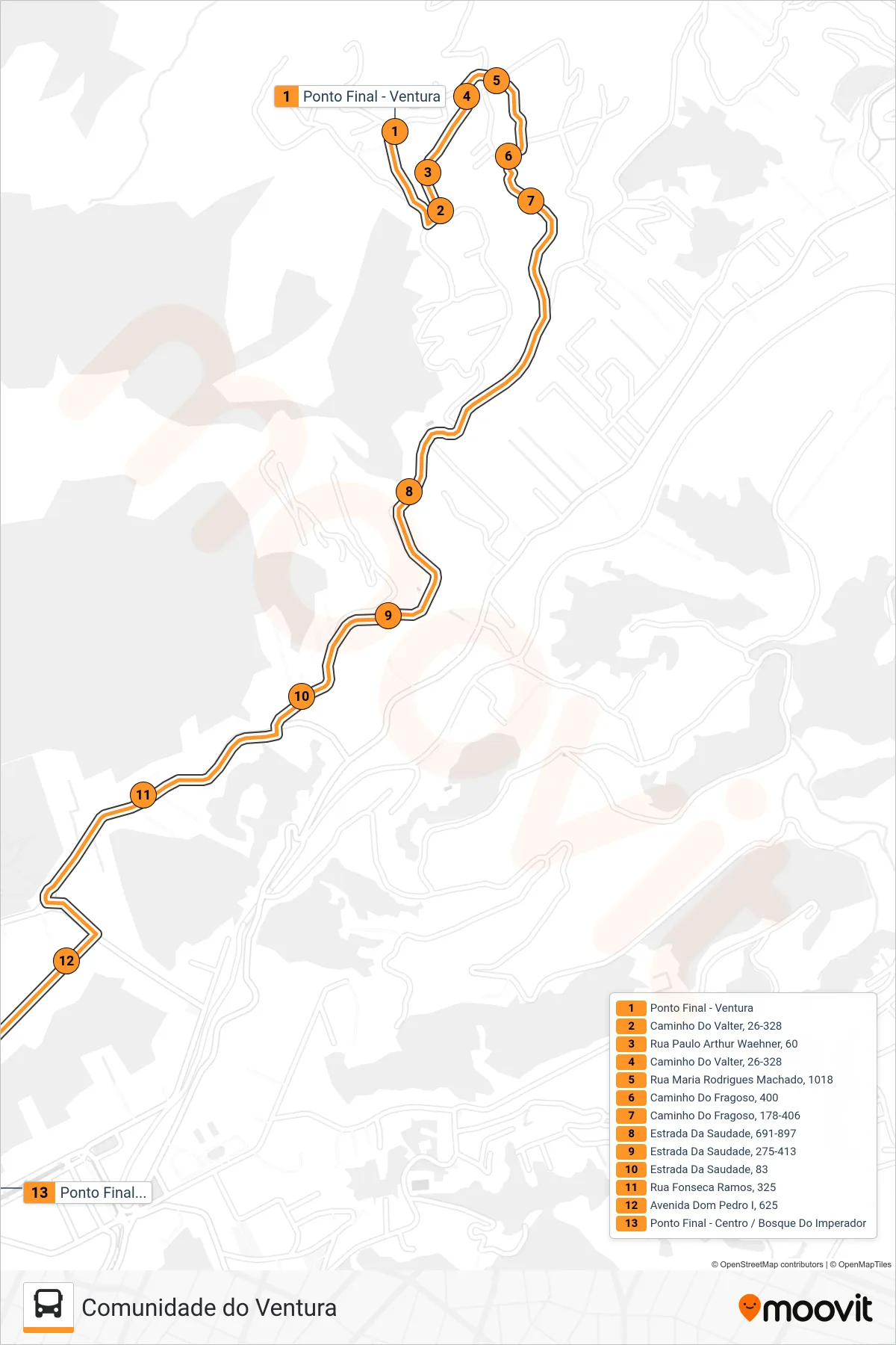 Rota e paradas da linha de ônibus 327 (Centro) no mapa