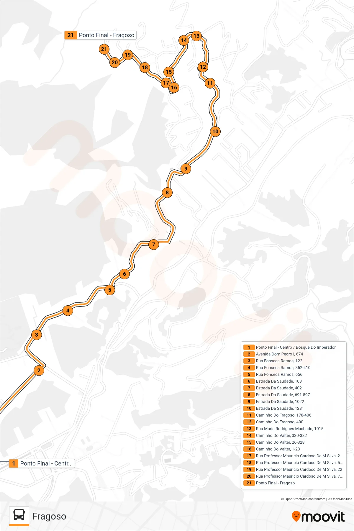 Rota e paradas da linha de ônibus 328 (Fragoso) no mapa