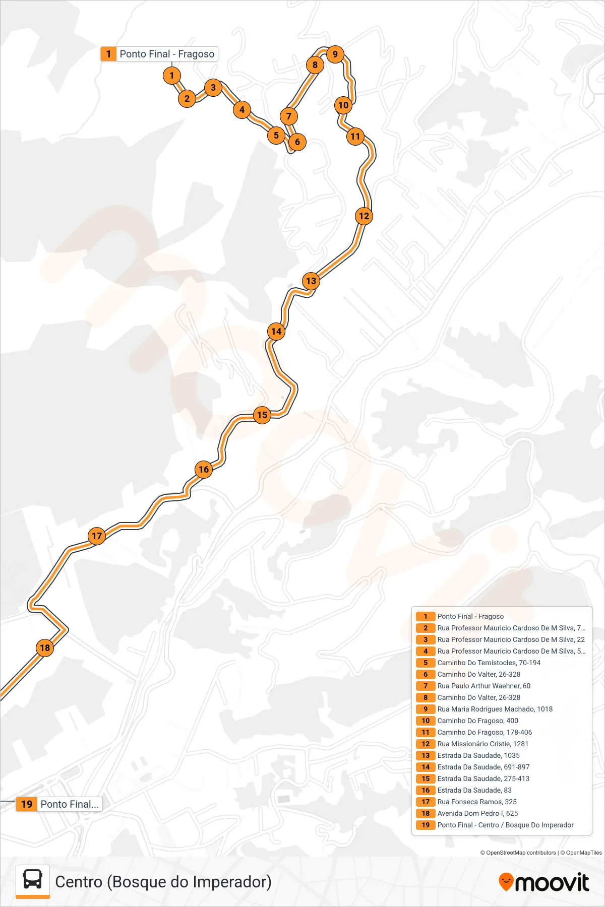 Rota e paradas da linha de ônibus 328 (Centro (Bosque do Imperador)) no mapa