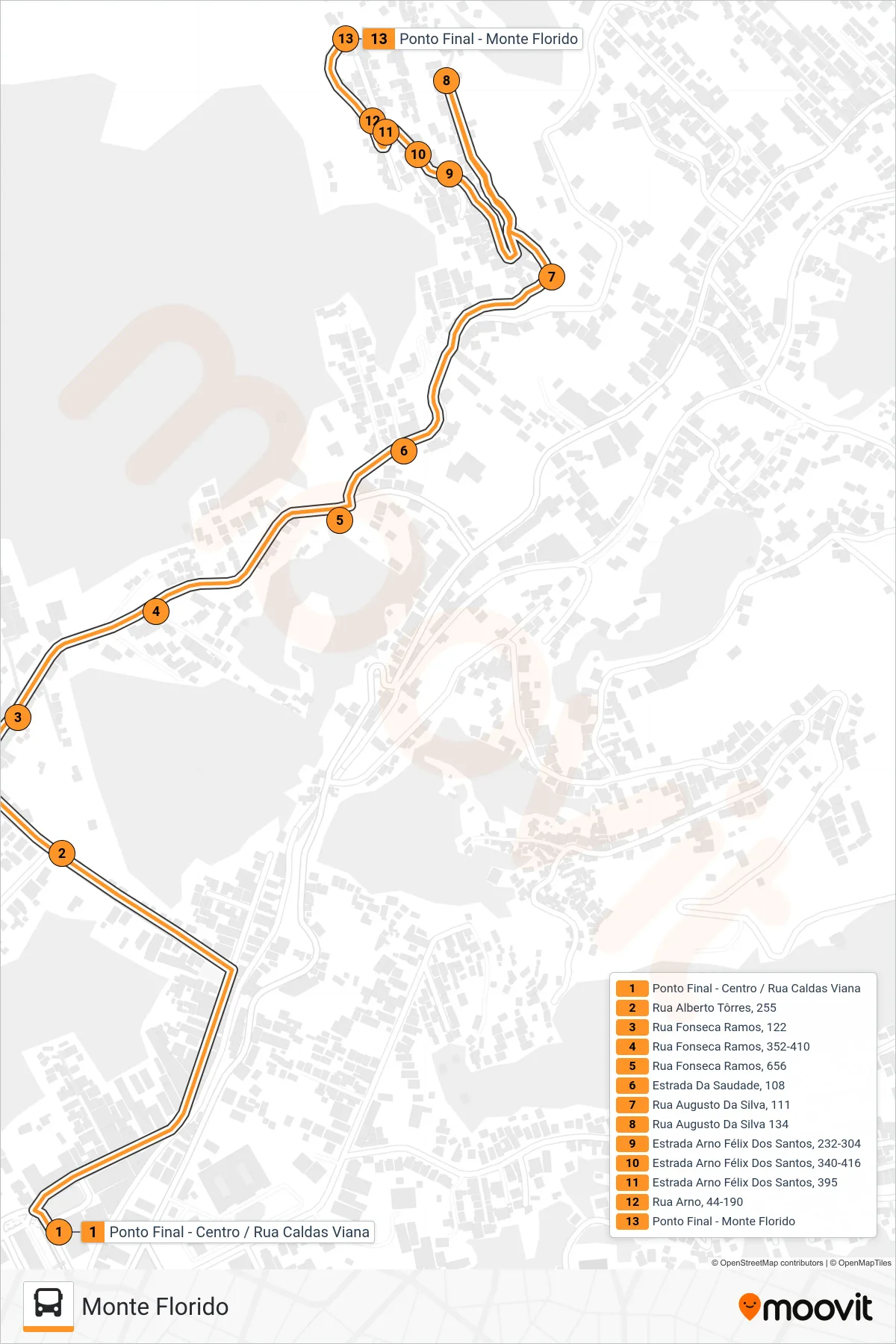 Rota e paradas da linha de ônibus 329 (Monte Florido) no mapa