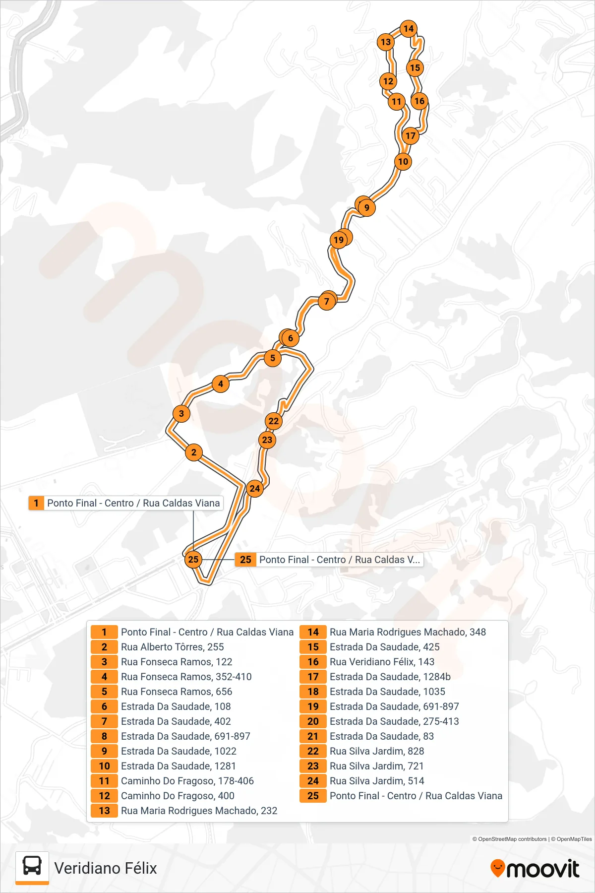 Rota e paradas da linha de ônibus 333 (Centro ↔ Veridiano Félix (Circular)) no mapa