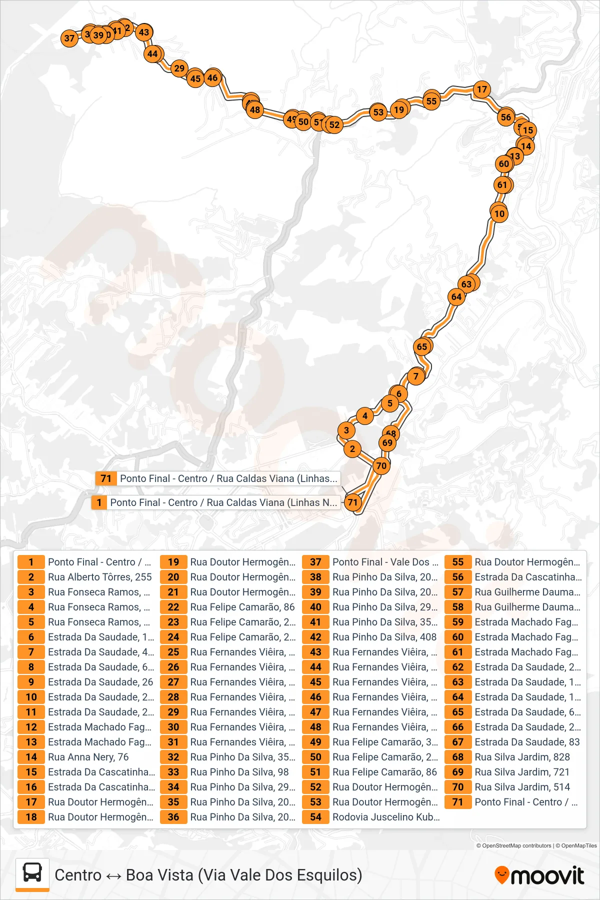 Rota e paradas da linha de ônibus 399 (Centro ↔ Boa Vista (Via Vale Dos Esquilos)) no mapa