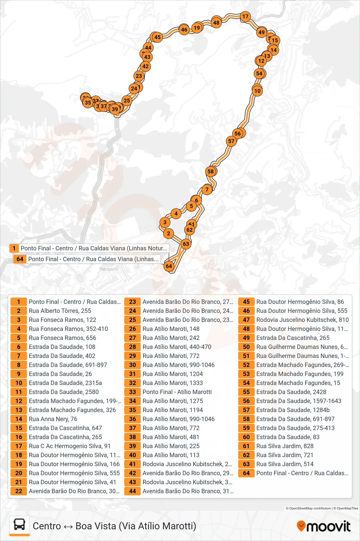 Rota e paradas da linha de ônibus 399 (Centro ↔ Boa Vista (Via Atílio Marotti)) no mapa