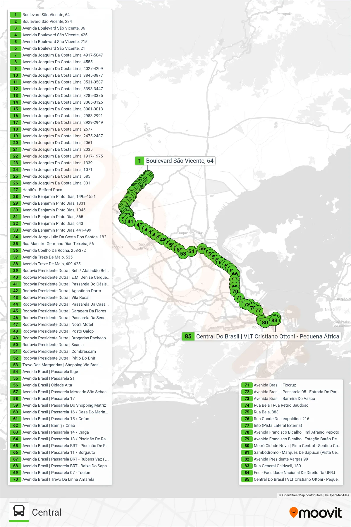 Rota e paradas da linha de ônibus 522B (Central) no mapa