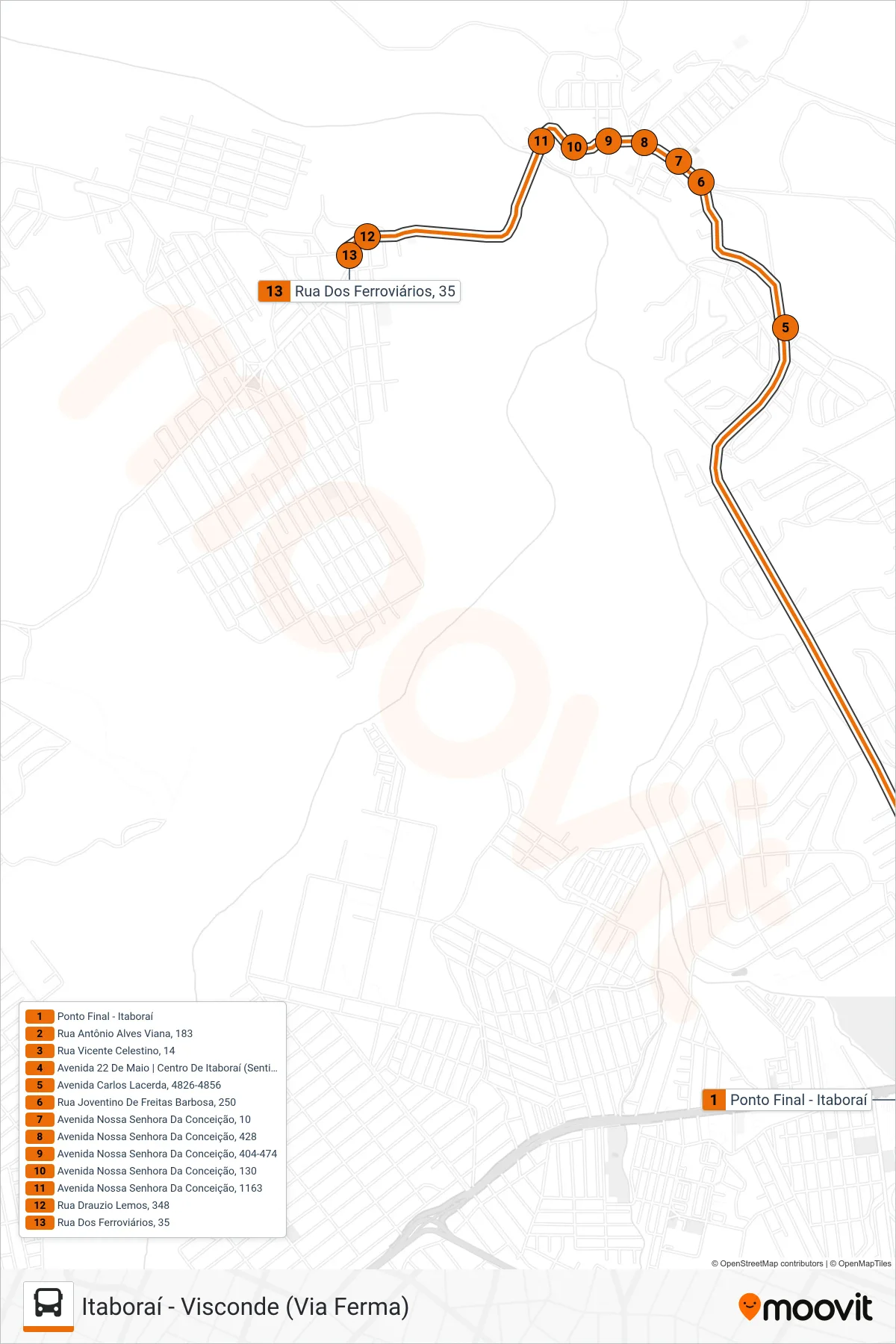 Rota e paradas da linha de ônibus 13 (Visconde) no mapa