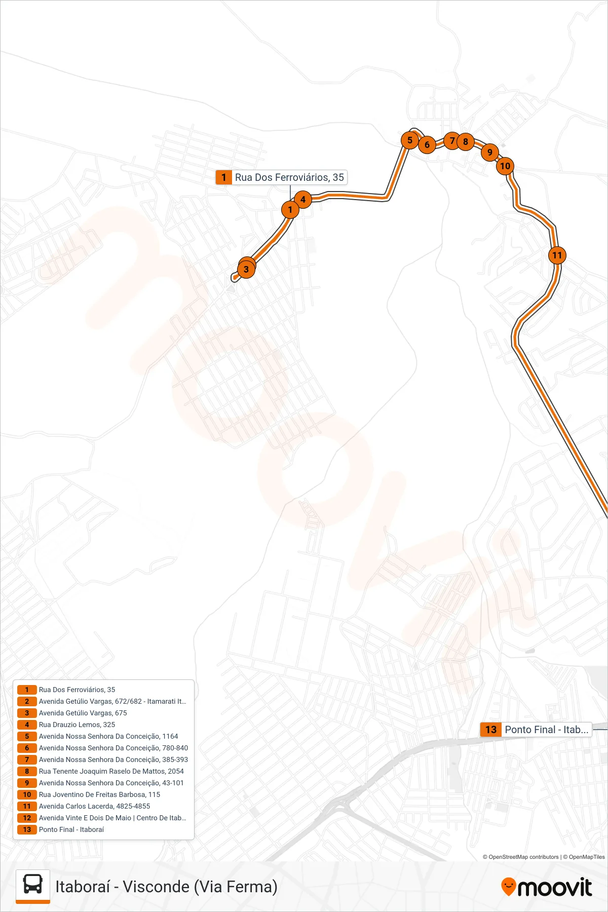 Rota e paradas da linha de ônibus 13 (Itaboraí) no mapa
