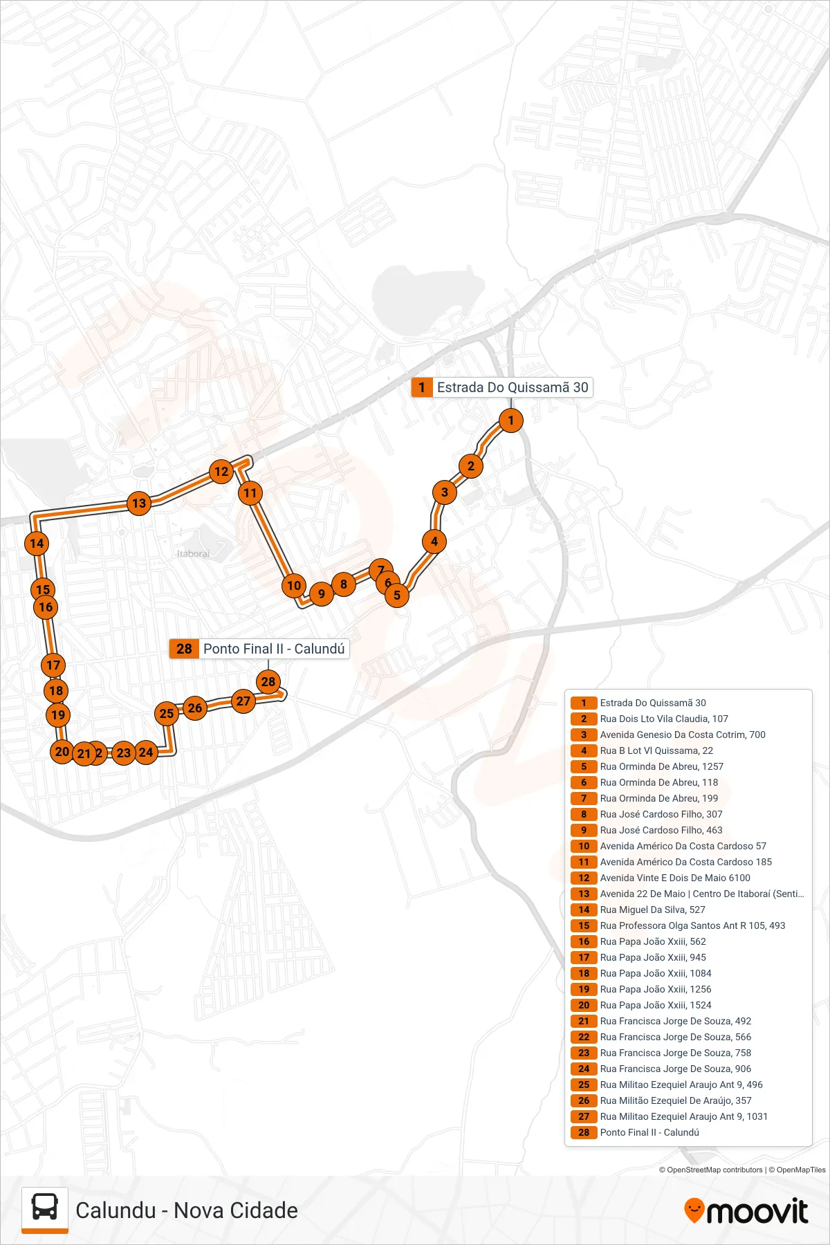 Rota e paradas da linha de ônibus  75  (Calundu) no mapa