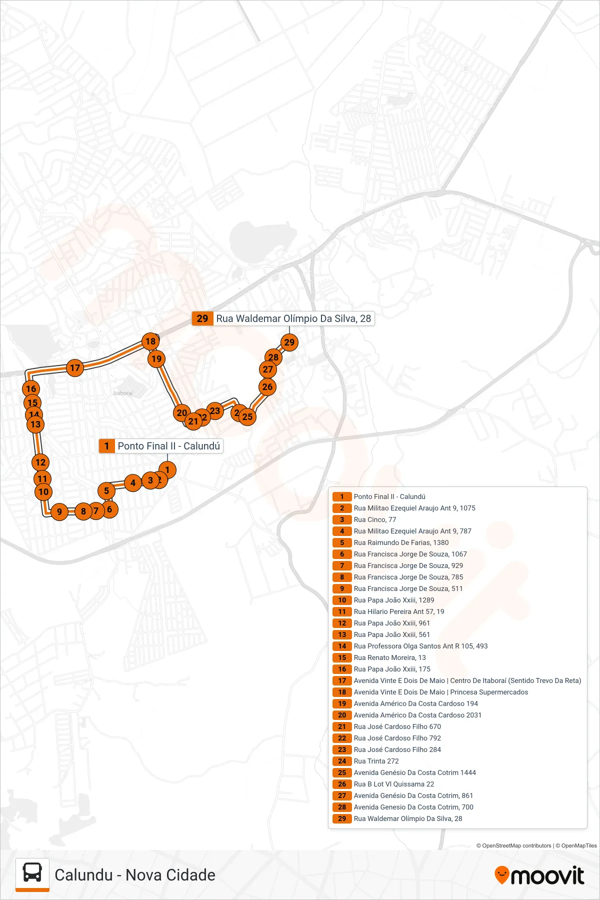 Rota e paradas da linha de ônibus 75 (Nova Cidade) no mapa