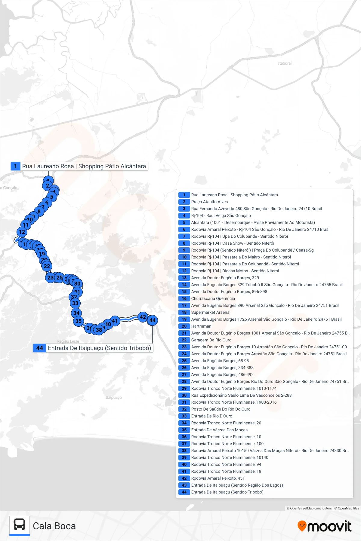 Rota e paradas da linha de ônibus 53A (Cala Boca) no mapa