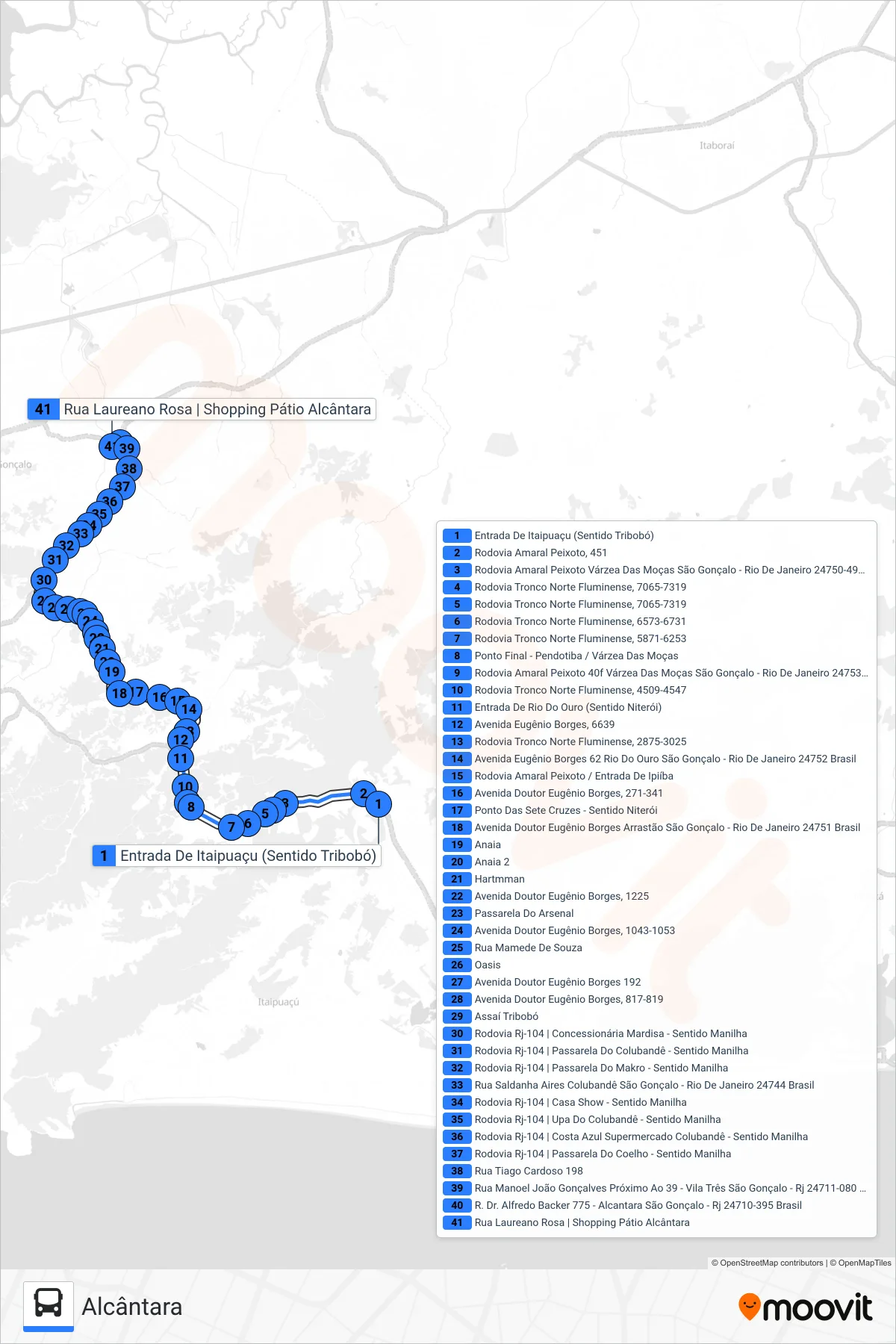 Rota e paradas da linha de ônibus  53A  (Alcântara) no mapa