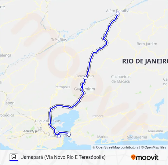Mapa da linha NITERÓI - JAMAPARÁ (VIA NOVO RIO E TERESÓPOLIS) de ônibus