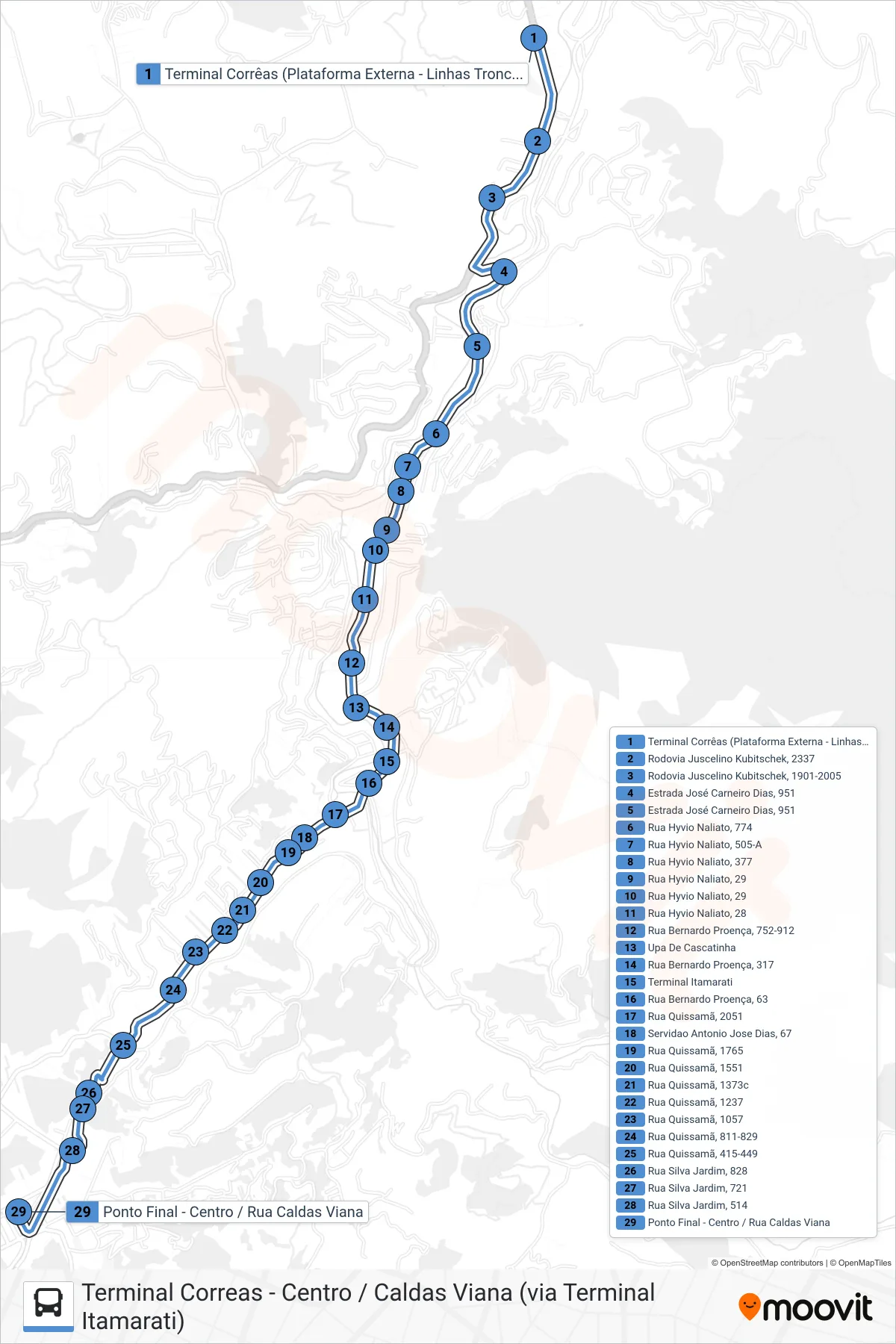 Rota e paradas da linha de ônibus 350 (Centro - Caldas Viana) no mapa