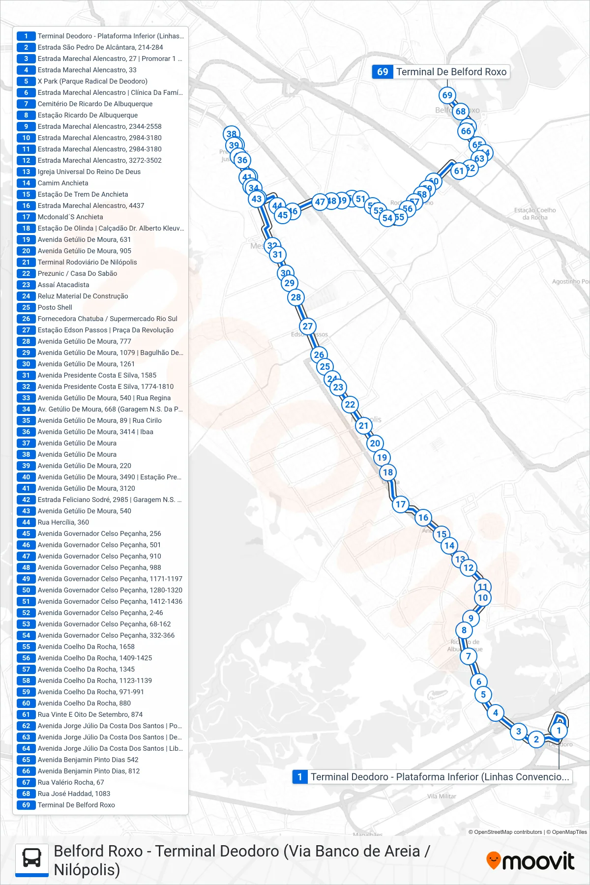 Rota e paradas da linha de ônibus 737L (Belford Roxo) no mapa