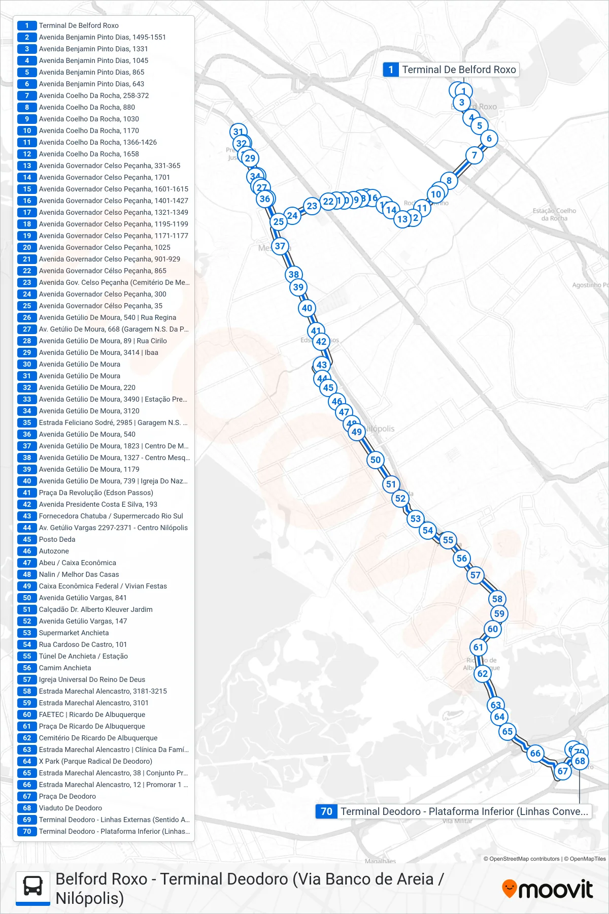 Rota e paradas da linha de ônibus 737L (Terminal Deodoro) no mapa