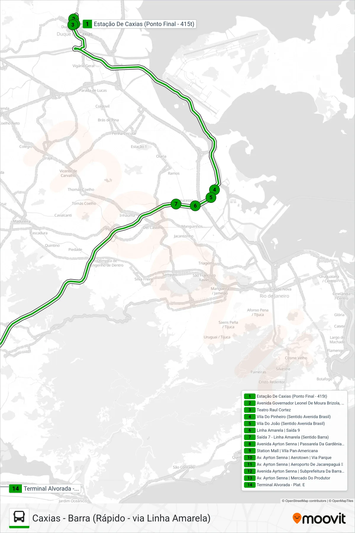 Rota e paradas da linha de ônibus 416T (Barra (via Linha Vermelha)) no mapa