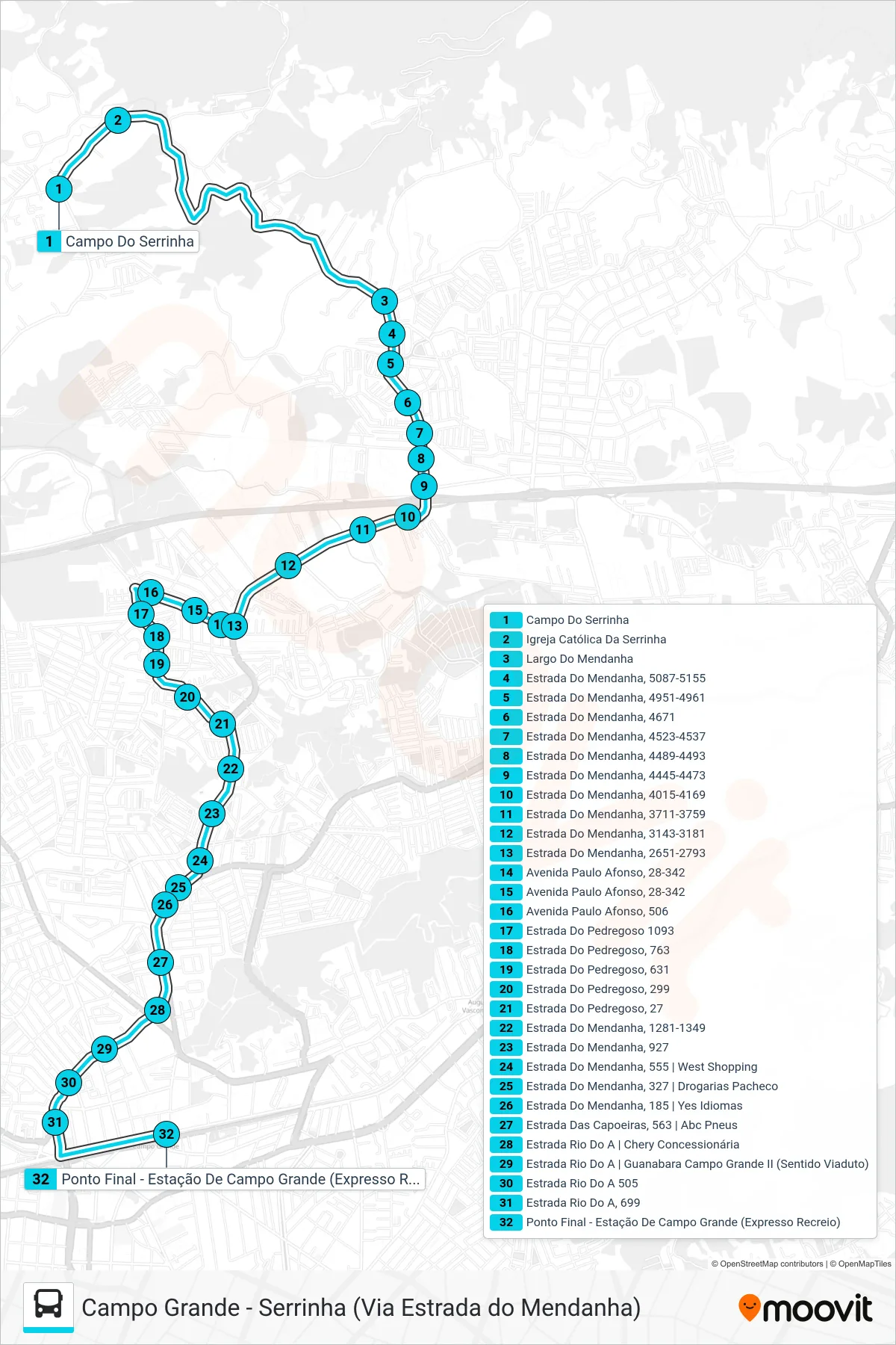 Rota e paradas da linha de ônibus 895 (Campo Grande) no mapa