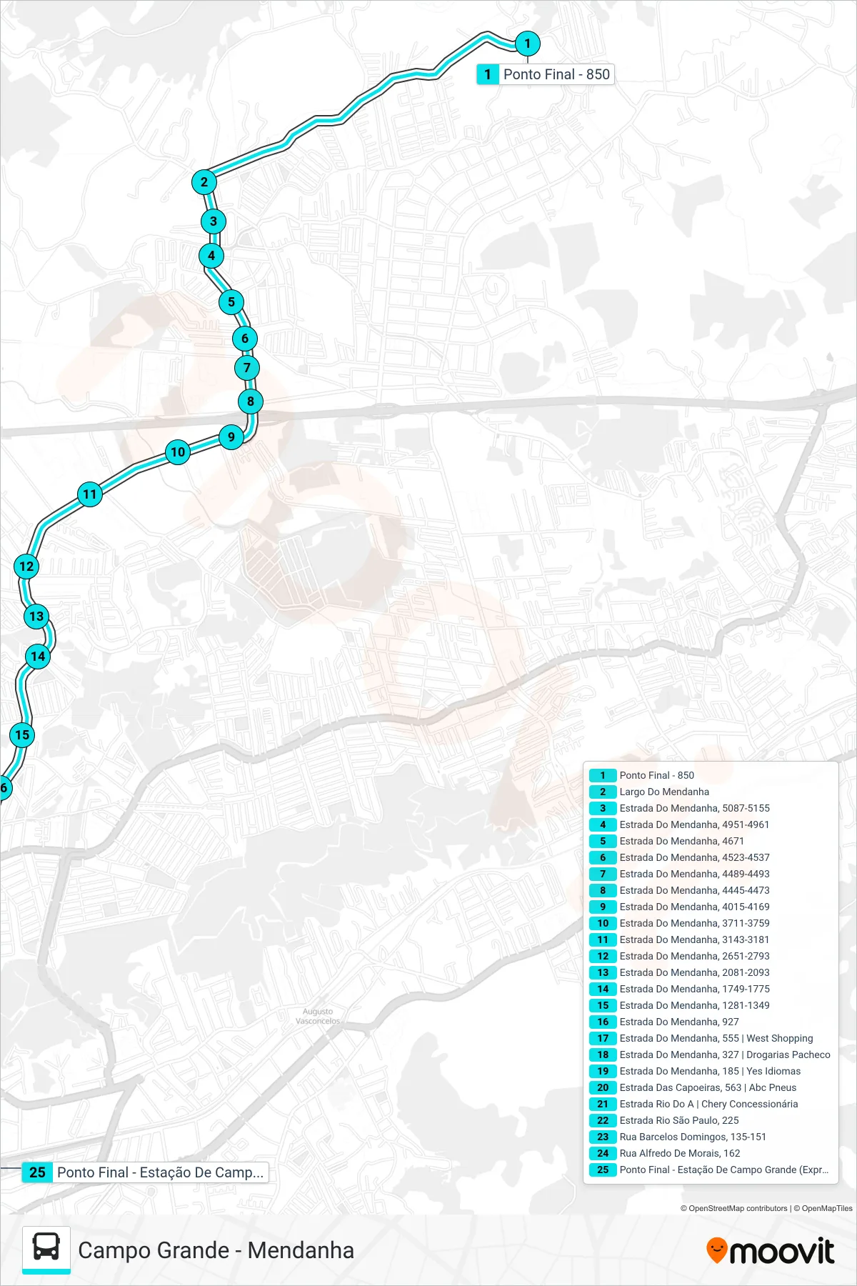 Rota e paradas da linha de ônibus 850 (Campo Grande) no mapa